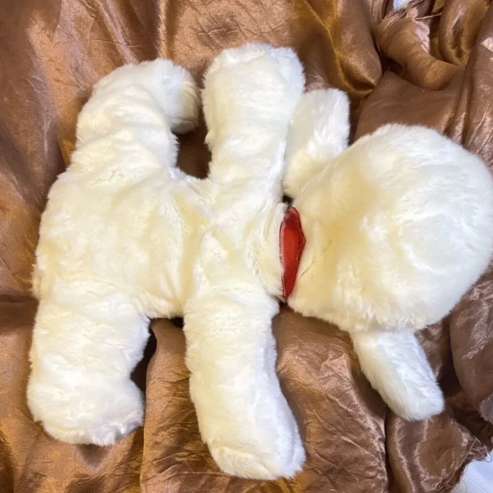 Dan Dee White Plush Puppy Dog Red Heart Nose Red Ribbon Bow 14in Vintage 1999